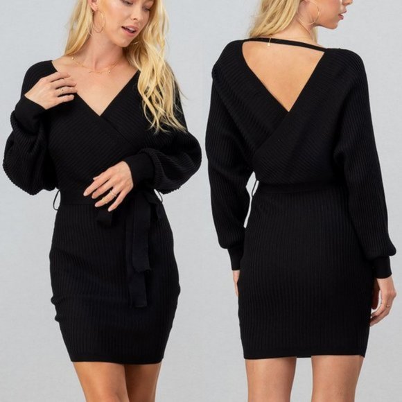 Love Tree Dresses & Skirts - NEW Black Rib Knit Sexy Wrap V Neck Classic Little Black Sweater Dress